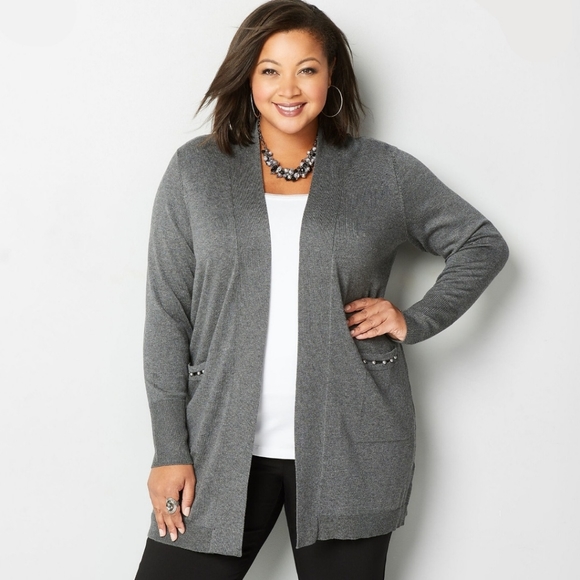 Avenue Sweaters - Avenue || 18/20 Gray Open Front Pearl Pockets Cardigan Sweater